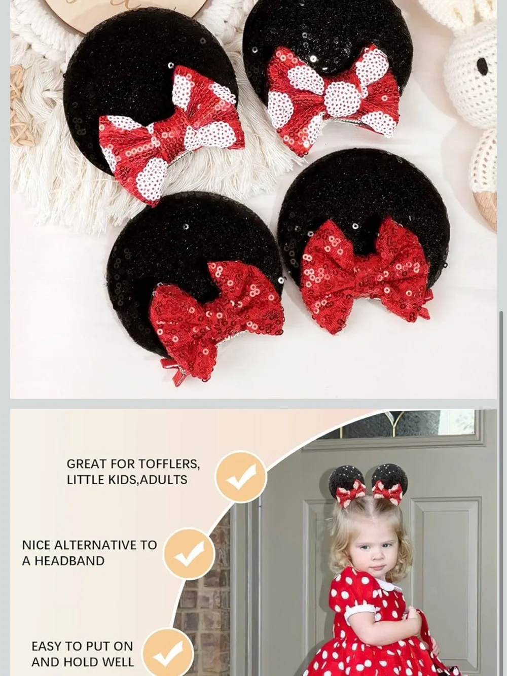 Sequin Minnie Ear Hair Clips with Red Bows